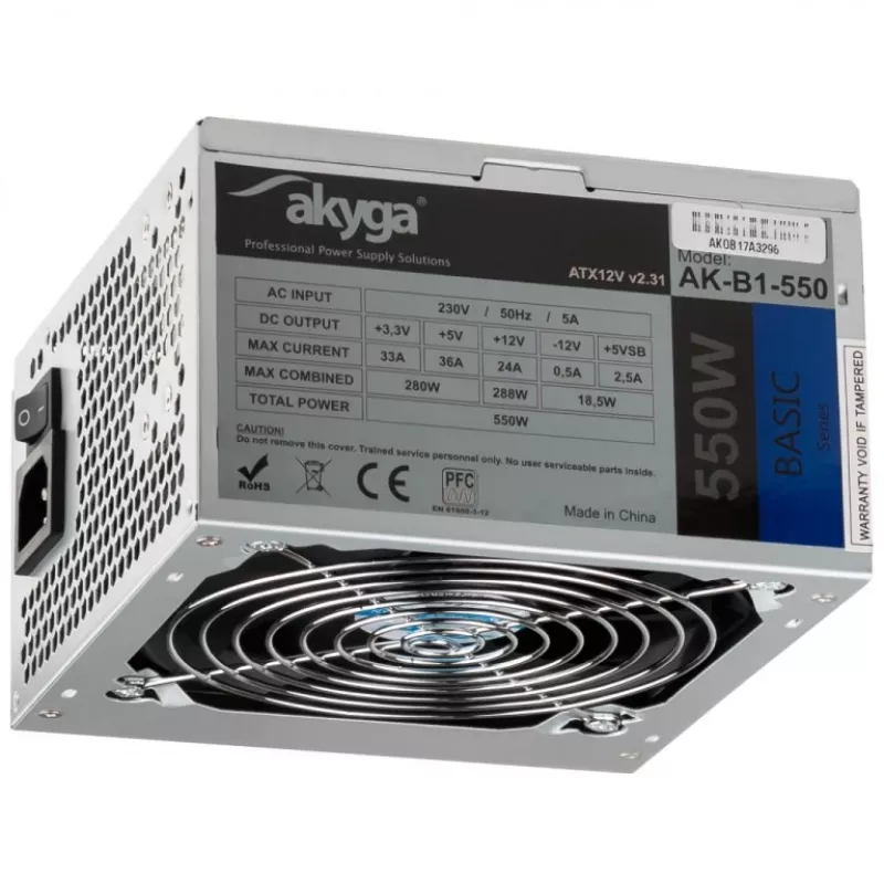 Akyga Basic AK-B1-550 ATX maitinimo blokas 550 W, 120 mm ventiliatorius, pasyvus PFC, pilkas