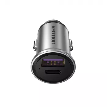 Vention dviejų prievadų USB automobilinis įkroviklis A+A (30+30) pilkas mini stiliaus aliuminio lydinys