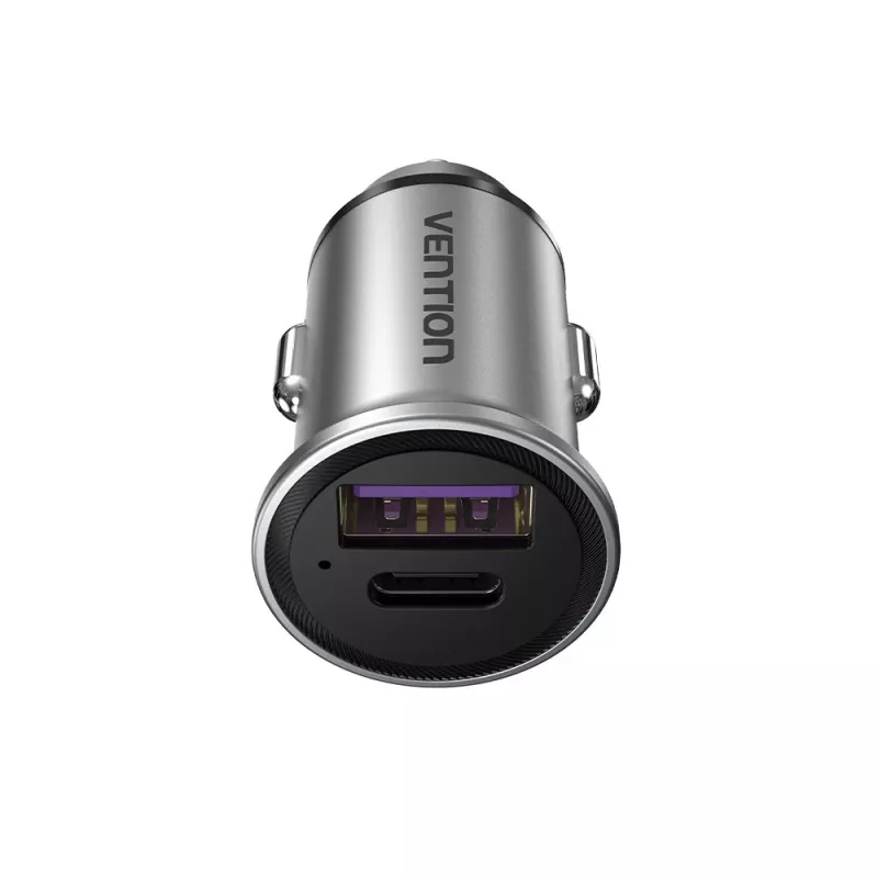 Vention dviejų prievadų USB automobilinis įkroviklis A+A (30+30) pilkas mini stiliaus aliuminio lydinys