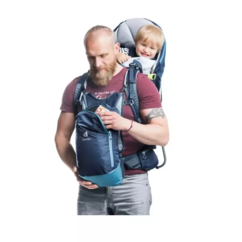Kuprinė nešiojimui vaikams Deuter Kid Comfort Pro, mėlyna, poliamidas, maks. 22 kg, skėtis nuo saulės, šoninė kišenė