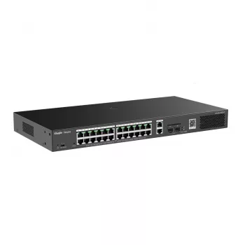 Valdomas tinklo jungiklis RUIJIE RG-ES228GS-P — 26x Gigabit RJ-45, 24x PoE prievadai, 370W PoE biudžetas, 2x SFP, metalinis, montuojamas į stovą