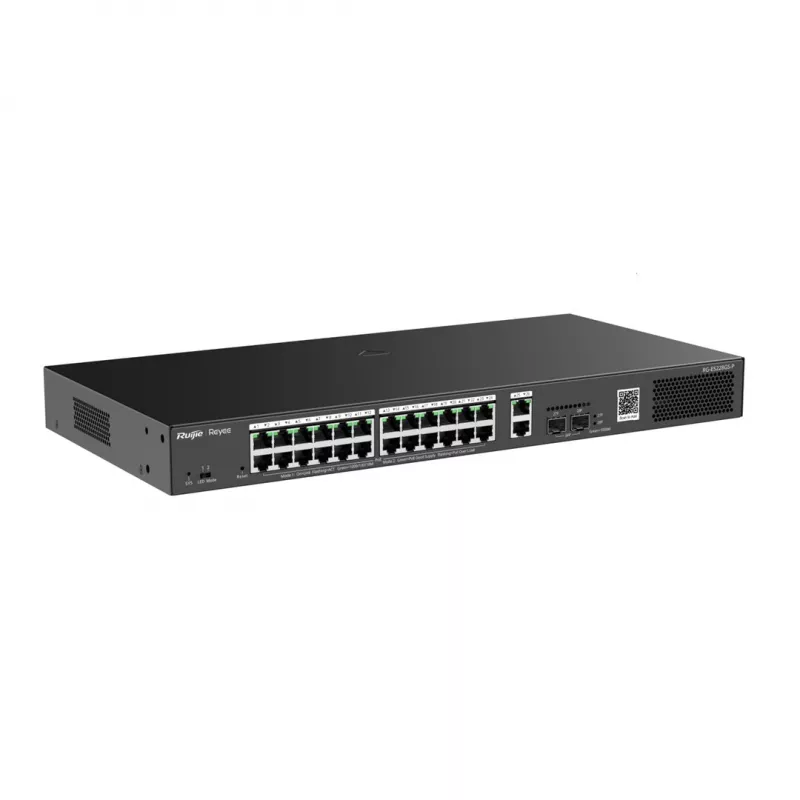 Valdomas tinklo jungiklis RUIJIE RG-ES228GS-P — 26x Gigabit RJ-45, 24x PoE prievadai, 370W PoE biudžetas, 2x SFP, metalinis, montuojamas į stovą