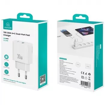 Įkroviklis USAMS CC316 T65 30W 1×USB-C 1×USB-A Greitas įkrovimas