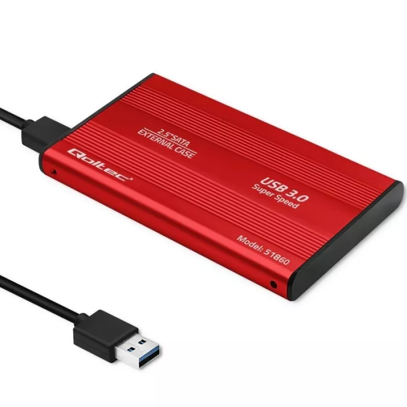 Išorinis dėklas HDD/SSD QOLTEC 51860 2.5 colio SATA III, USB Type-A, 5 Gbit/s, aliuminis, raudonas