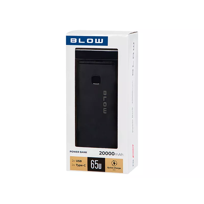Nešiojamas maitinimo blokas BLOW PB20G 20000mAh PD 65W, USB-C įvestis/išvestis, 2x USB-A išvestys, juodas