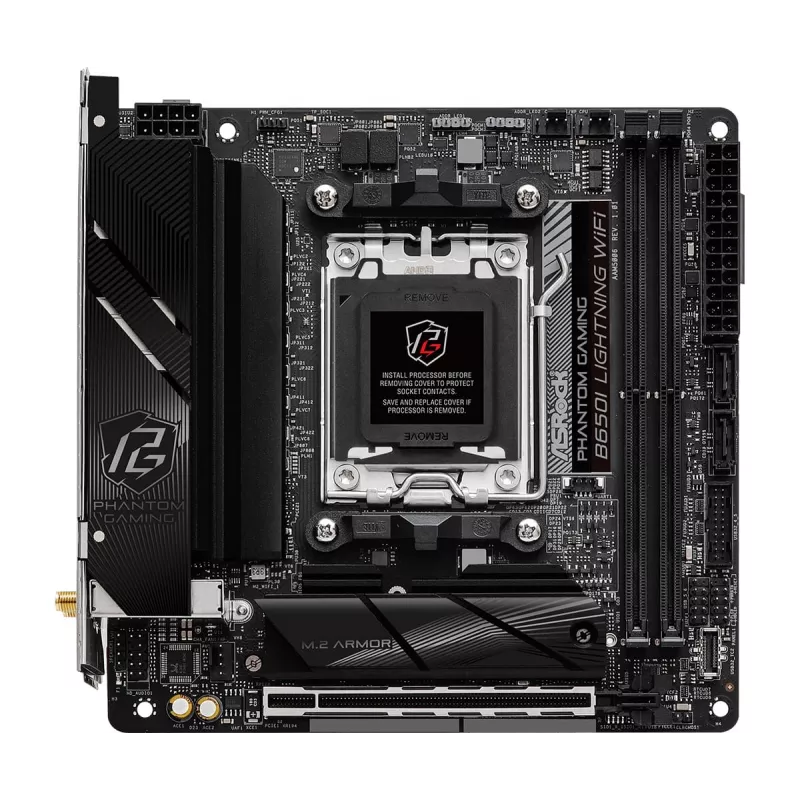 Mini-ITX pagrindinė plokštė ASRock B650I Lightning WiFi — AMD B650, Socket AM5, DDR5, 2 DIMM (maks. 96 GB), Wi‑Fi 6E, 2.5Gb LAN