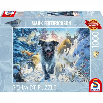 Mark Fredrickson: šuns meilė – juodasis labradoras sniege, Dėlionė 1000 dalių