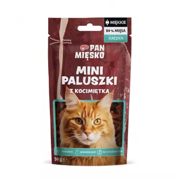 Pan Miesko Mini Duck Sticks su katžole 50 g — hipoalerginis, be grūdų ir sojos užkandis suaugusioms katėms