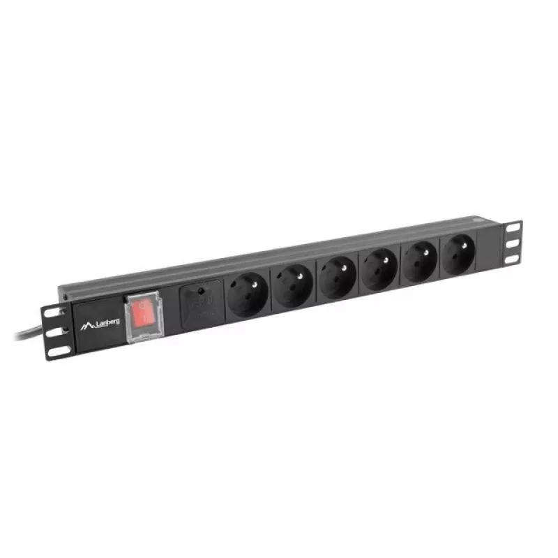 Maitinimo skirstytuvas LANBERG PDU-06E-0200-BK — 6x E tipo lizdai, 16 A, 2 m laidas, 1U stelažas, 220–250 V