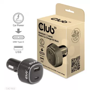 CLUB3D automobilinis nešiojamojo kompiuterio įkroviklis 63 W, cigarečių degtukas, 24 V, juodas
