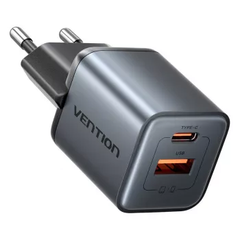 Vention FEWH0-EU 30W GaN įkroviklis – 1× USB-C, 1× USB-A, 30 W, juodas