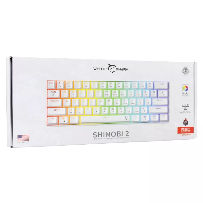 Laidinė mechaninė klaviatūra White Shark Shinobi-2 (GK-004211) — US išdėstymas, Red jungikliai, balta