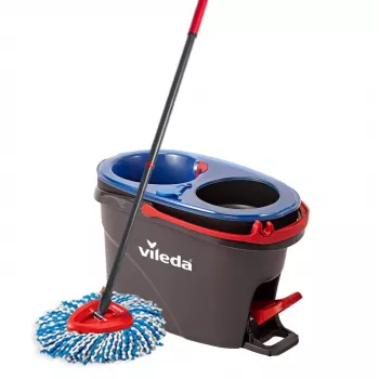 Grindų šluotražė VILEDA Microfibre 320 mm, teleskopinis kotas 55–123 cm, skalbiama, 360° besisukanti galvutė, juoda/mėlyna/raudona
