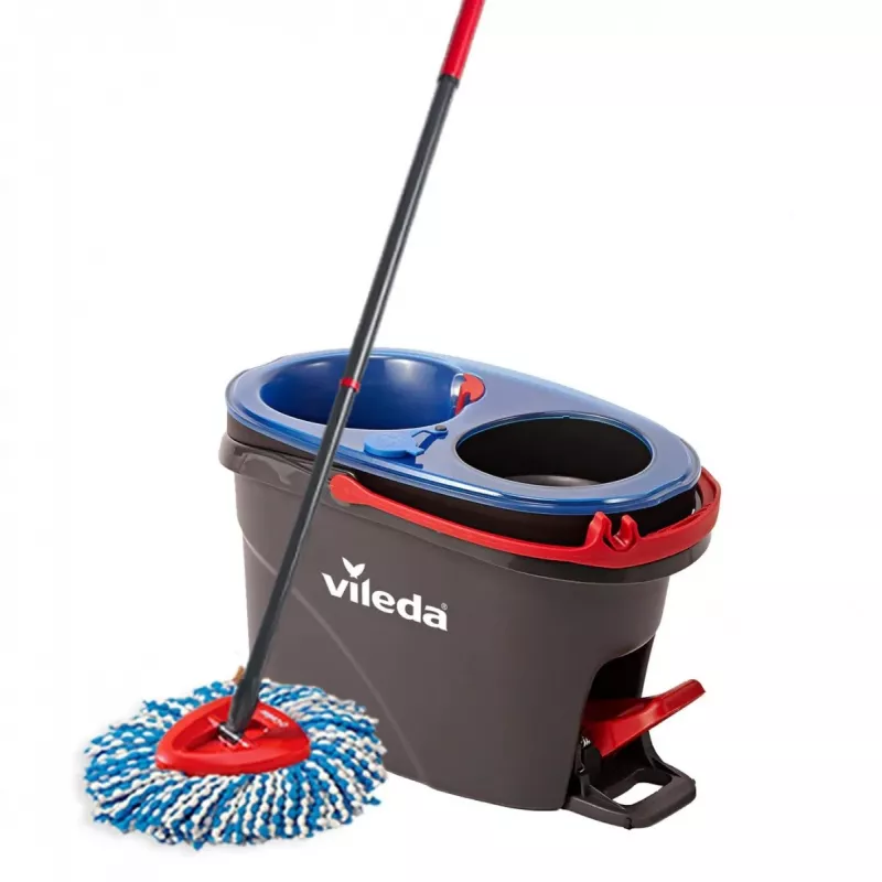 Grindų šluotražė VILEDA Microfibre 320 mm, teleskopinis kotas 55–123 cm, skalbiama, 360° besisukanti galvutė, juoda/mėlyna/raudona