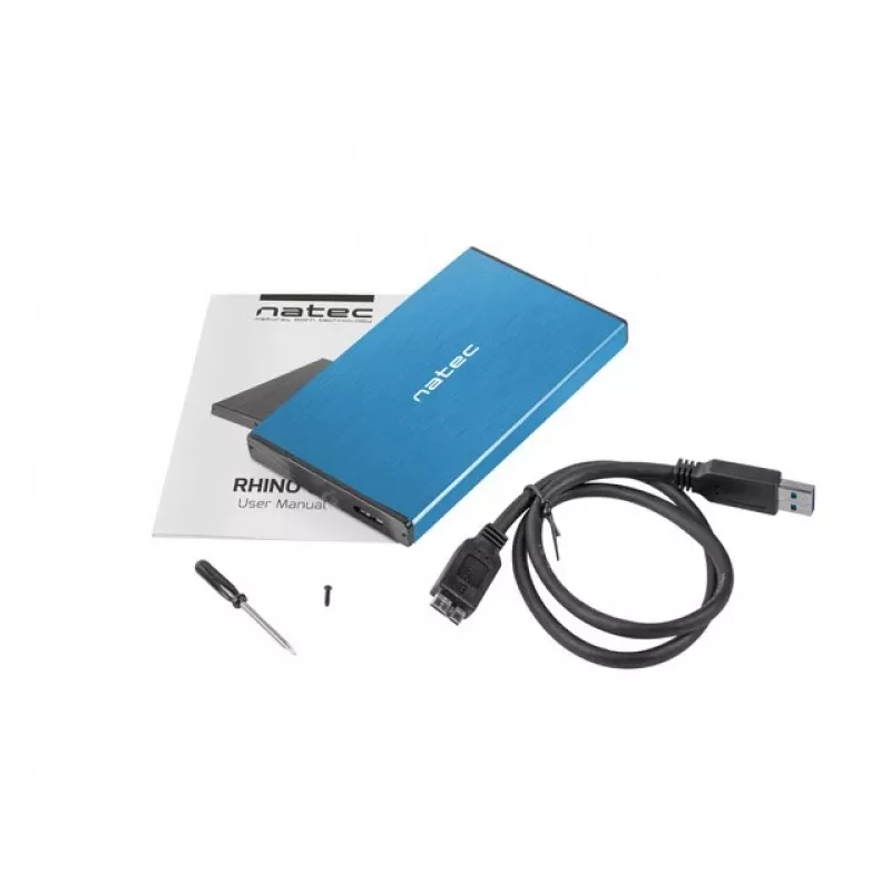 Išorinis HDD/SSD korpusas NATEC Rhino GO 2,5 colio – USB 3.0, SATA III, iki 4 TB, 9,5 mm, aliuminis, mėlynas