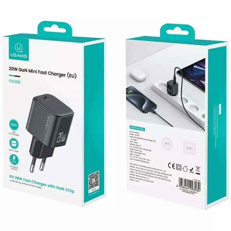 Įkroviklis usams USA001627 20W 1×USB-C su USB-C laidu – greitasis telefono ir planšetinio kompiuterio įkrovimo adapteris