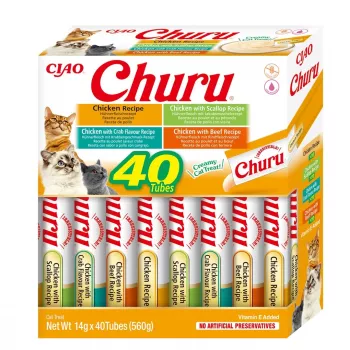 INABA Churu Variety Box — vištienos skonio pastos skanėstai katėms, 40 × 14 g, be grūdų, be glitimo, be sojos