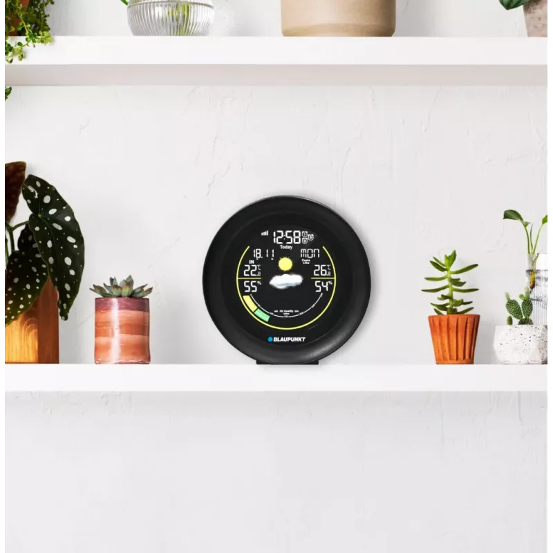 Oro stotis BLAUPUNKT WS35BK APP – LCD ekranas, temperatūra ir drėgmė, signalizacija, kalendorius, programėlės valdymas, 94×94×27 mm