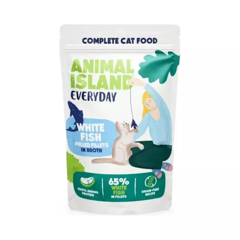 Šlapias kačių ėdalas animal island Everyday kalakutiena ir baltosios žuvies filė sultinyje, 40 x 85 g, suaugusioms, be grūdų, paketėliai