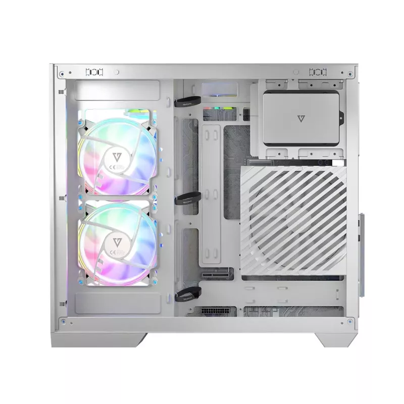 Korpusas MODECOM Volcano Panorama Midi Tower baltas – micro ATX, grūdintas stiklas, ARGB, USB-C, palaiko GPU iki 400 mm