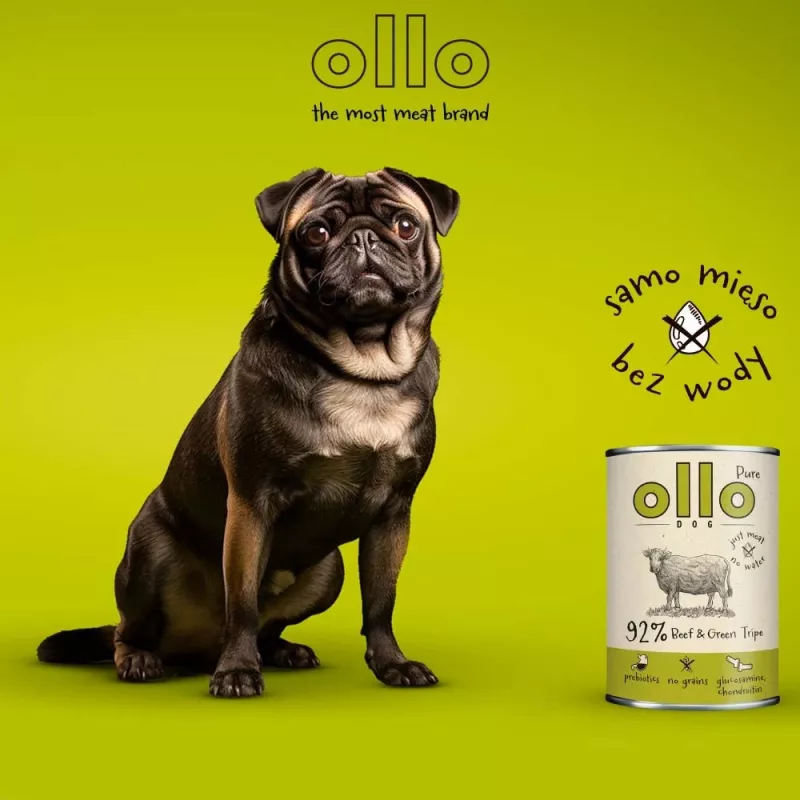 Šlapias šunų ėdalas OLLO Pure Beef and Green Tripe 400 g skardinė – suaugusiems, baltymai 14,5%, riebalai 11,9%, drėgmė 69%