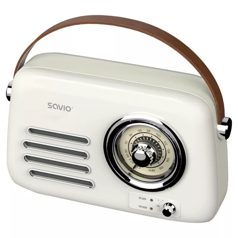 Nešiojamas radijas SAVIO RS-02 — analoginis FM imtuvas, Bluetooth 5.3, USB maitinimas, 3 W, baltas