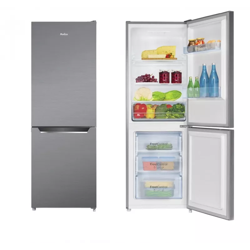 Šaldytuvas su šaldikliu AMICA FK2425.4UNTX(E) laisvai pastatomas, 277 L bendras, apatinis šaldiklis 74 L, inverteris, sidabrinis, 1593×540×550 mm