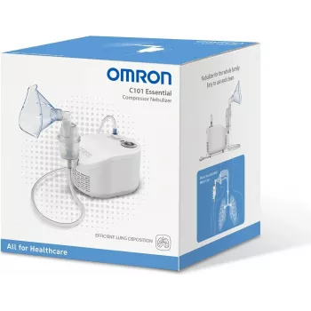 Stalinis inhaliatorius Omron C101 Essential – tinklinis purkštuvas, 0,35 ml/min, dalelių dydis 2,6 µm, 230 V 50 Hz, suaugusiųjų ir vaikų kaukės