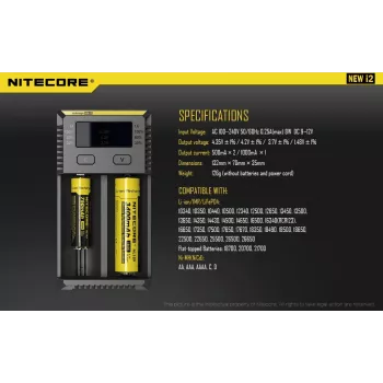 Akumuliatorių įkroviklis Nitecore NEW i2 — 2 lizdai, LiFePO4/Li‑Ion/NiMH, 100–240 V