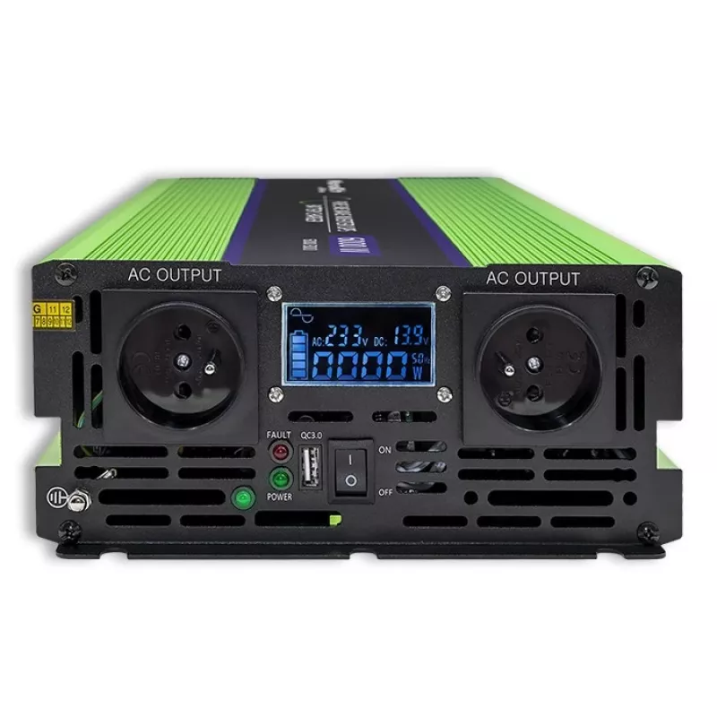 Qoltec Monolith įtampos keitiklis | Baterijos įkrovimas | UPS | 2000W | 4000W | 12V į 230V | Grynas sinusas | LCD juodas-žalias