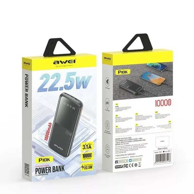 Awei PowerBank P10K 10000 mAh 22,5 W Juoda/Juoda