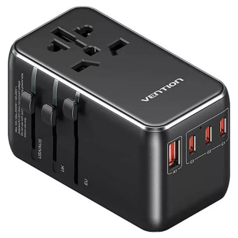 Kroviklis Vention FJGB0 100W GaN su 3× USB-C ir 1× USB-A, juodas