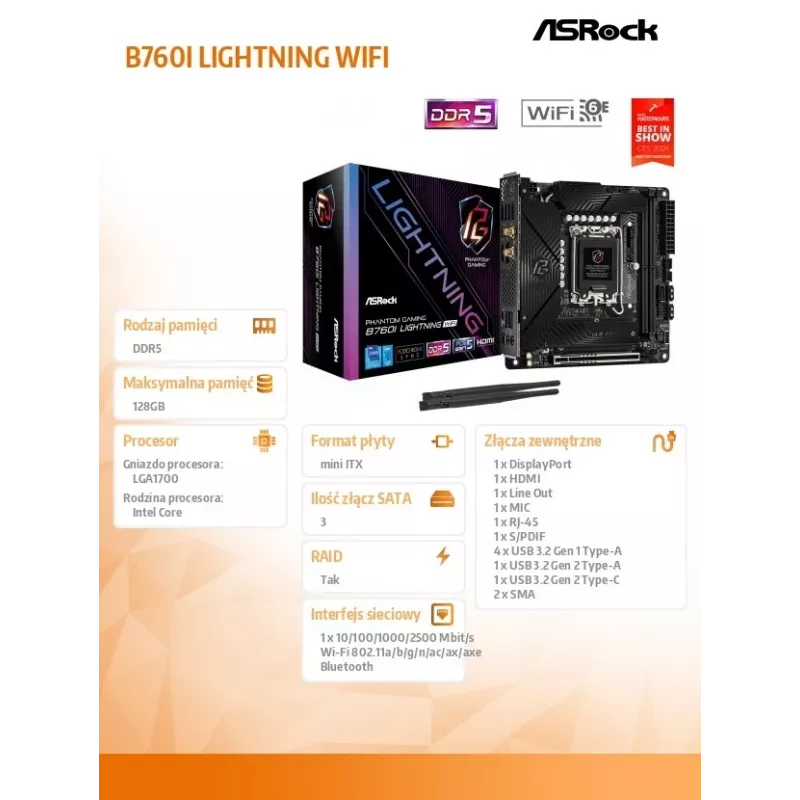 ASRock B760I Lightning WiFi DDR5 Mini-ITX LGA1700 pagrindinė plokštė