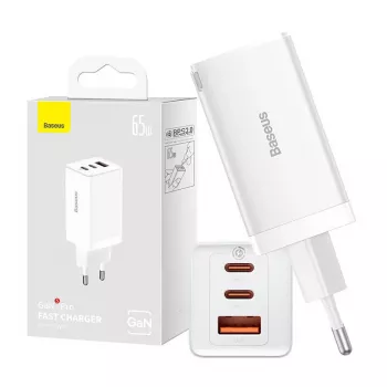 Sieninis įkroviklis Baseus GaN5 Pro 65W – USB + 2×USB-C (QC3.0, PD3.0) su 1 m USB-C laidu, baltas