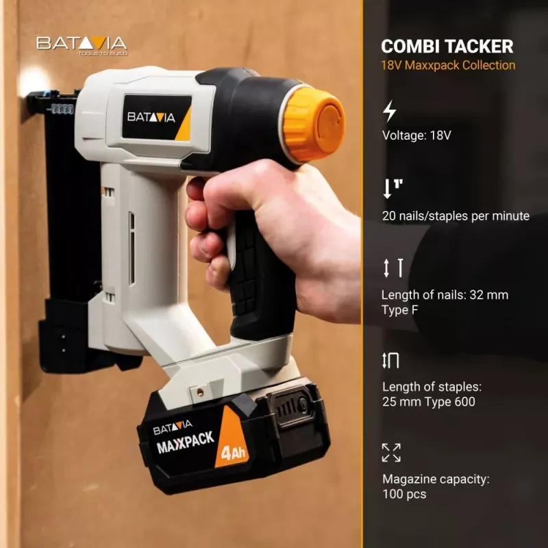 „Batavia B.V. 18V Combi-Tacker“ (tik įrankis) – belaidis 18 V segiklis ir viniakalė