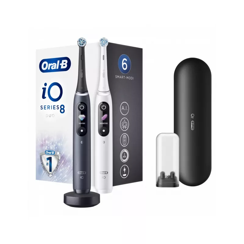 Oral-B iO8 Series Duo elektrinis dantų šepetėlis su įkrovimu, 6 režimai, 2 antgaliai, juodas/baltas