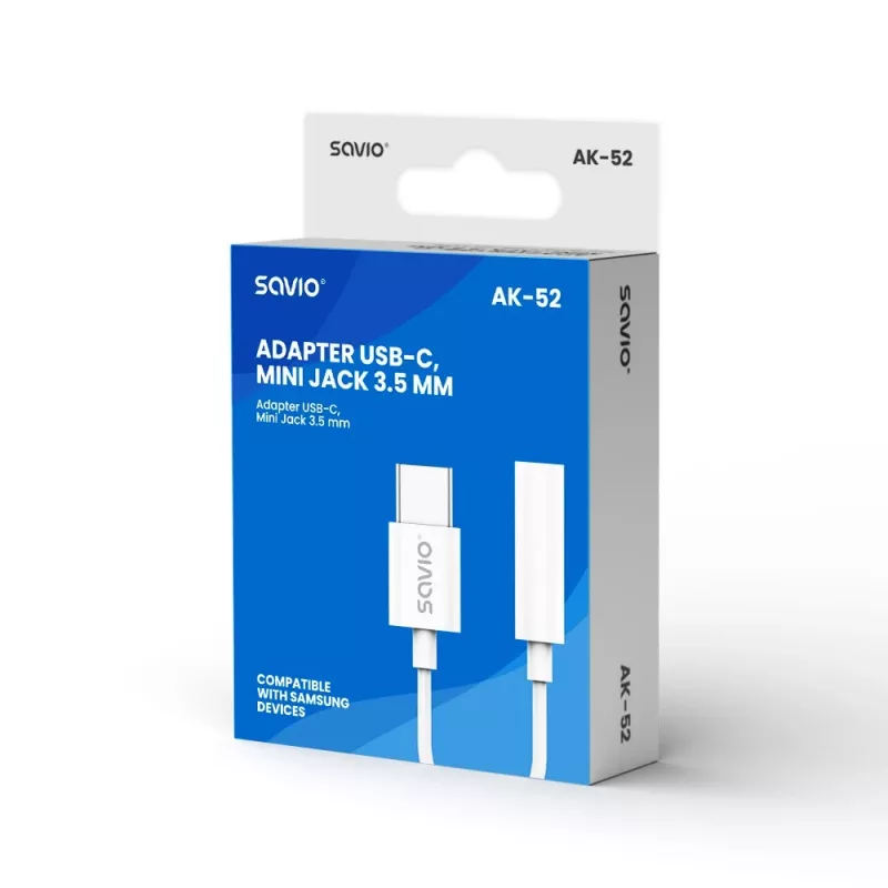 USB Type-C (M) – Jack 3,5 mm (F) garso adapteris baltas SAVIO AK-52