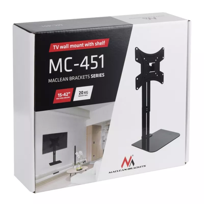 Sieninis TV laikiklis MACLEAN MC-451 su lentyna ir polinkio reguliavimu, VESA 75x75–200x200 mm, iki 20 kg, 15–42 colių ekranams
