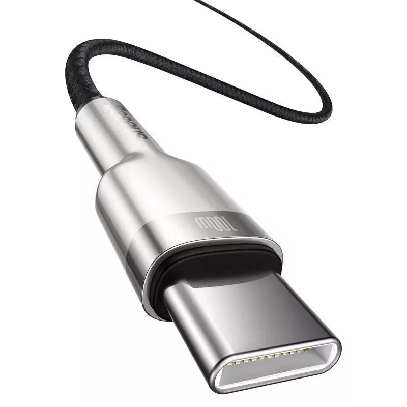 USB-C į USB-C laidas Baseus Cafule Metal — 2 m, 100W įkrovimas, USB 2.0 (480 Mbps), cinkuoti kontaktai, juoda