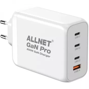ALLNET PSU-GaNPD-USB-1A3C-200W — 200 W GaN USB įkroviklis, 1× USB-A, 3× USB-C