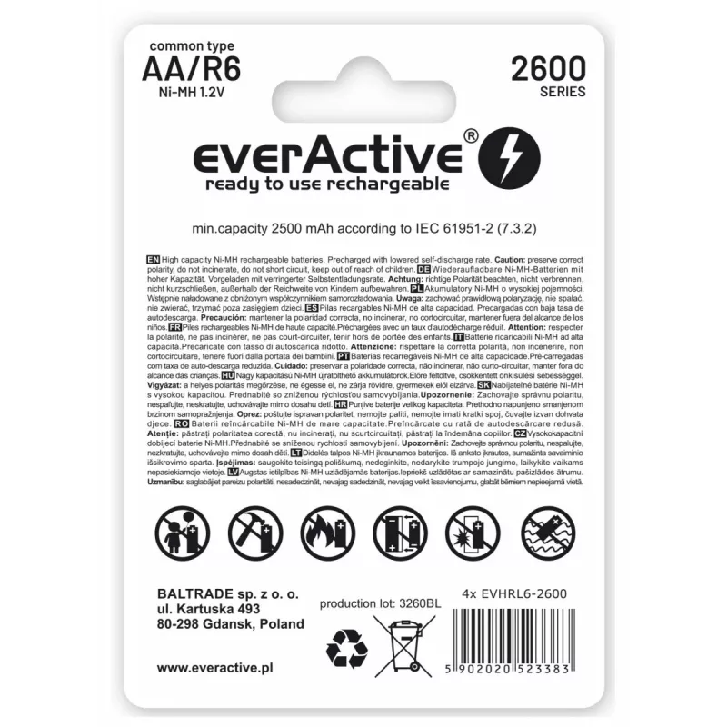 Baterijos įkraunamos R6 AA 2600 mAh EverActive Professional, pakuotė 1 vnt. (blisteris)