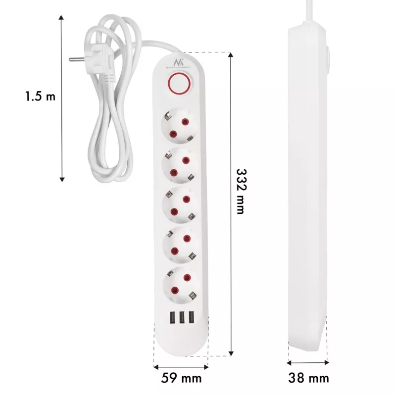 Maitinimo blokas MACLEAN MCE395 W – 5 kištukinių lizdų, 3× USB A, 110–240 V AC, 2,1 A USB, max 2500 W, baltas, 1,5 m laidas