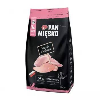 Sausas kačių ėdalas Pan Miesko Vištiena su Triušiu XS 1,6 kg — Smulkūs kąsneliai, jaunikliams, 39% baltymų