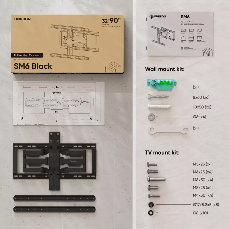 Grindinis TV stovas ONKRON SM6-B 32–90 colių ekranams, 50 kg, VESA 200×200–600×400, pakreipimas -10–5°, pasukimas 40°