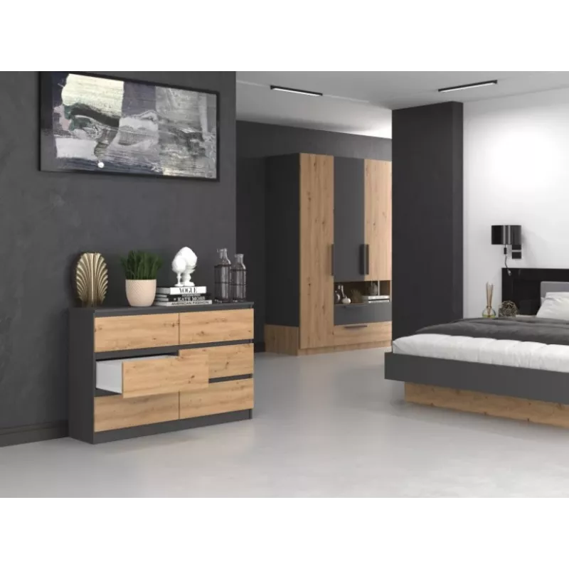 Komoda Top e shop M6 120 — Antracitas/Ąžuolas, 6 stalčių, 1200×300×770 mm, medžio drožlių plokštė