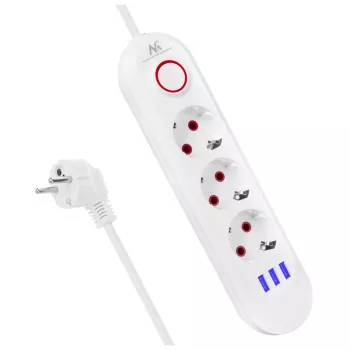 Maitinimo juosta MACLEAN MCE394W – 3 lizdai, 3×USB 2.1A, 110–240V AC, 2500W, 1,5 m laidas, balta