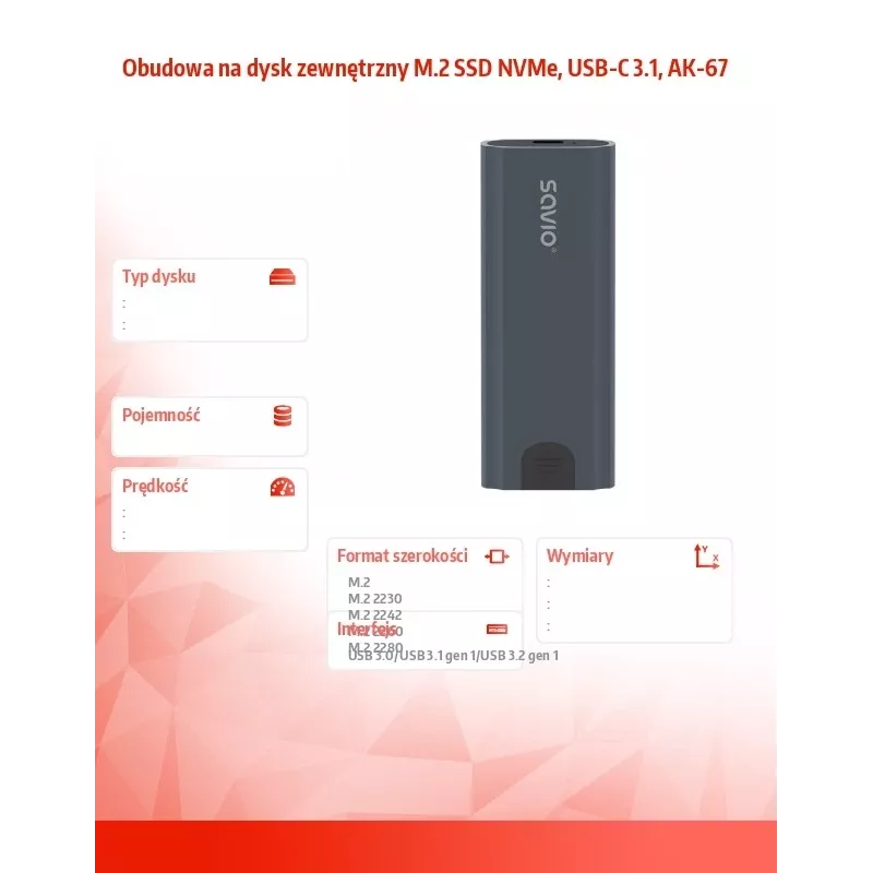 M.2 SSD korpusas SAVIO AK-67 Pilka, USB 10 Gbit/s, vieno M.2 disko palaikymas