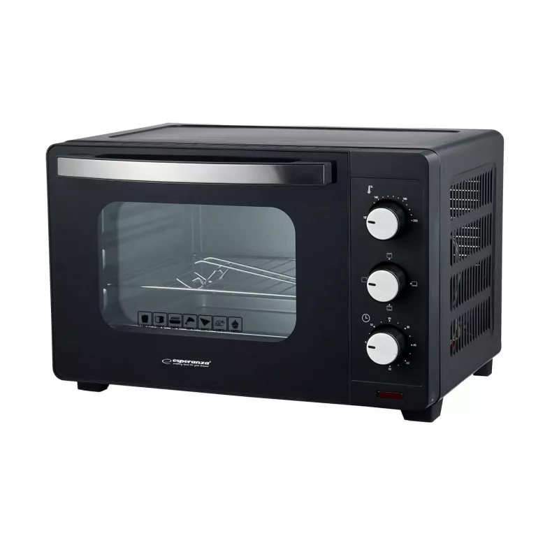 Mini orkaitė ESPERANZA EKO008N — 20 L, 1280–1300 W, iki 230°C, 60 min mechaninis laikmatis, besisukantys reguliatoriai, stiklinės durelės, laisvai pastatoma