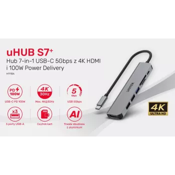 USB-C Hub Unitek 7in1 Aliuminis PD 100W 5 Gbps