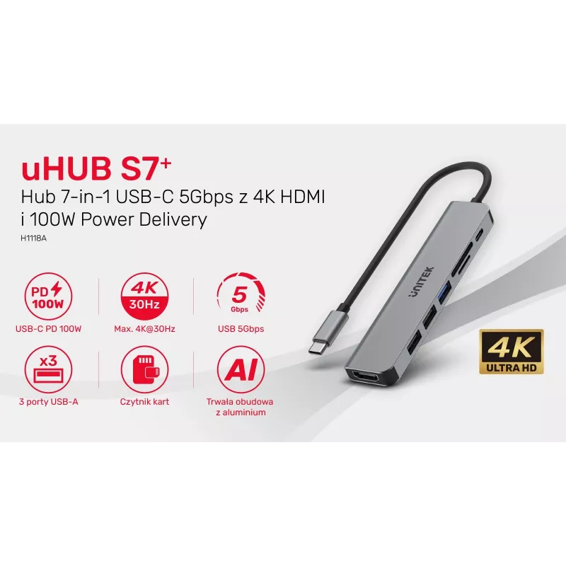 USB-C Hub Unitek 7in1 Aliuminis PD 100W 5 Gbps